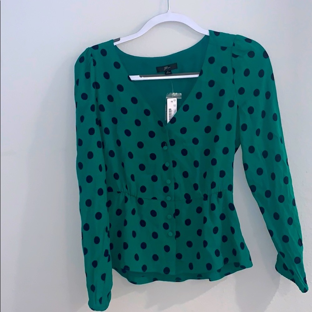 J. Crew Green & Navy Polka Dot Blouse